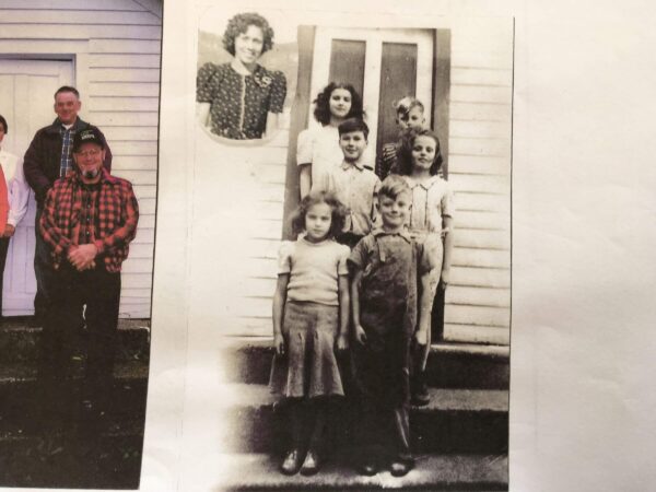 Teacher, Alice Evanson. Students (top left to bottom) Rita, “Doc” and Mary Martelle, and Dick Marie and Frank Sadler stand for a class photo.)